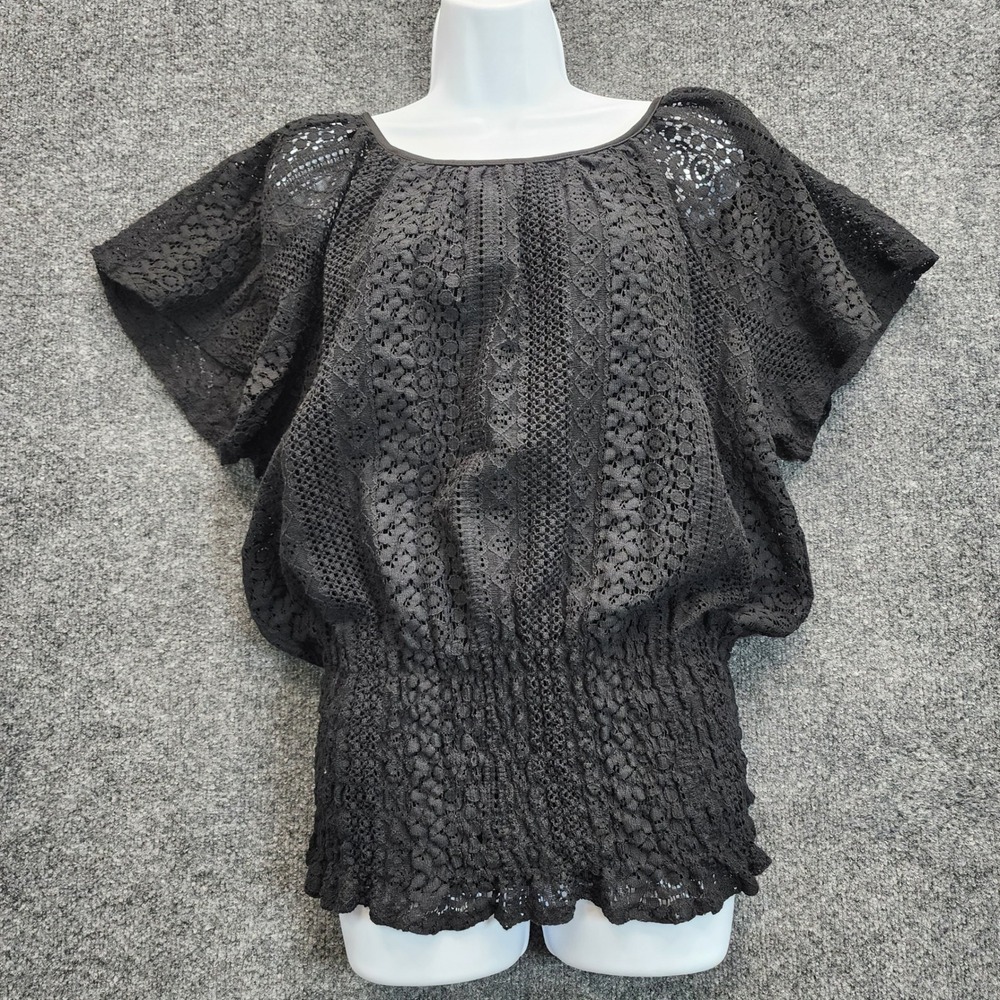 Cocomo Woman Women's Floral Crochet Lace Smocked Flutter Sleeve Boho Top Size L